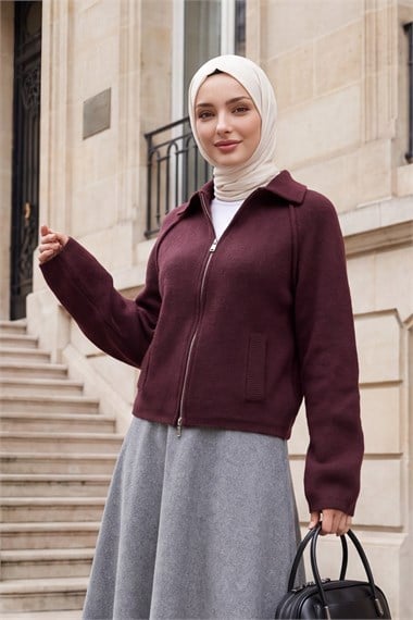 Womens Polo-Collar Zip-Up Pocket-Detail Knit Cardigan - Plum