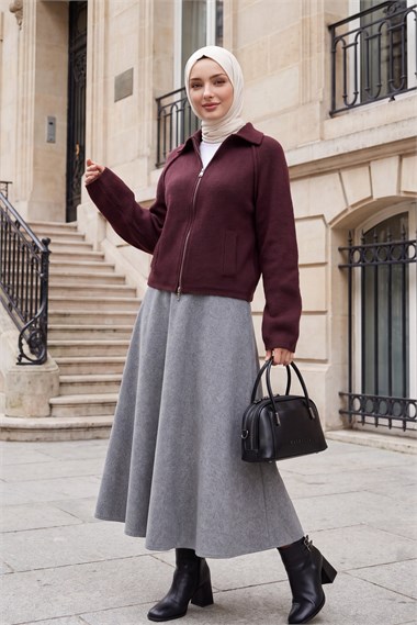 Womens Polo-Collar Zip-Up Pocket-Detail Knit Cardigan - Plum
