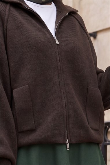 Womens Polo-Collar Zip-Up Pocket-Detail Knit Cardigan - Dark Brown