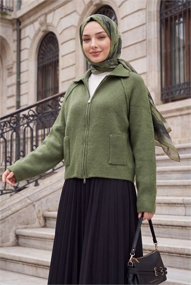 Womens Polo-Collar Zip-Up Pocket-Detail Knit Cardigan - Khaki