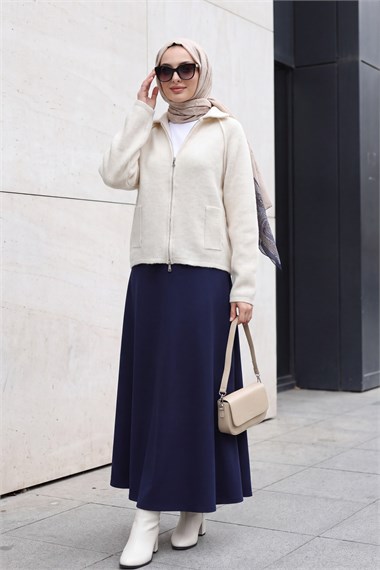 Womens Polo-Collar Zip-Up Pocket-Detail Knit Cardigan - Stone