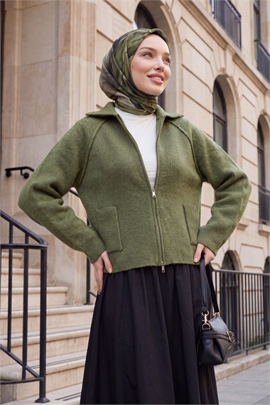 Womens Polo-Collar Zip-Up Pocket-Detail Knit Cardigan - Khaki