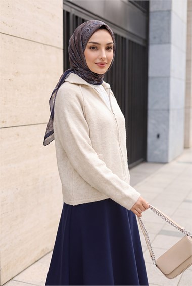 Womens Polo-Collar Zip-Up Pocket-Detail Knit Cardigan - Stone