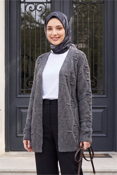 Womens Pom-Pom Detail Midi-Length Knit Cardigan - Charcoal