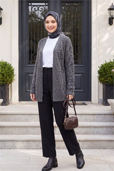 Womens Pom-Pom Detail Midi-Length Knit Cardigan - Charcoal