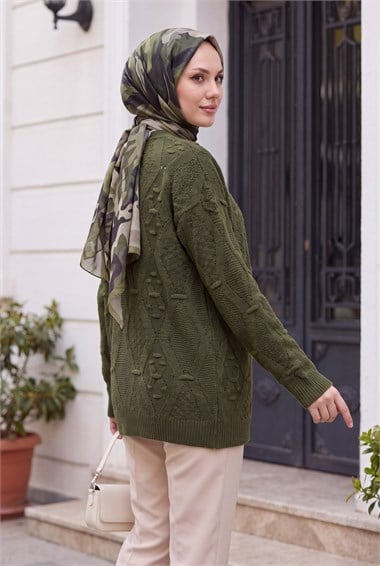 Womens Pom-Pom Detail Midi-Length Knit Cardigan - Khaki