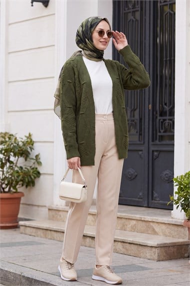 Womens Pom-Pom Detail Midi-Length Knit Cardigan - Khaki