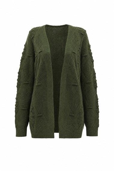 Womens Pom-Pom Detail Midi-Length Knit Cardigan - Khaki