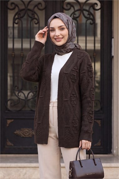 Womens Pom-Pom Detail Midi-Length Knit Cardigan - Dark Brown