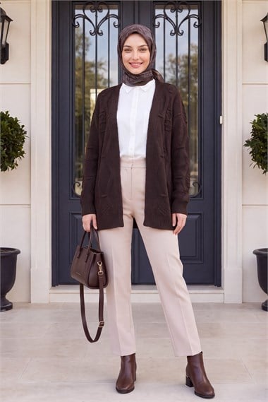 Womens Pom-Pom Detail Midi-Length Knit Cardigan - Dark Brown