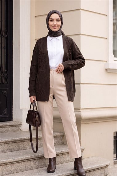 Womens Pom-Pom Detail Midi-Length Knit Cardigan - Dark Brown