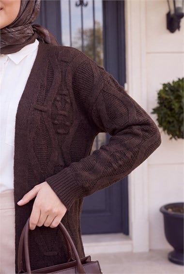 Womens Pom-Pom Detail Midi-Length Knit Cardigan - Dark Brown