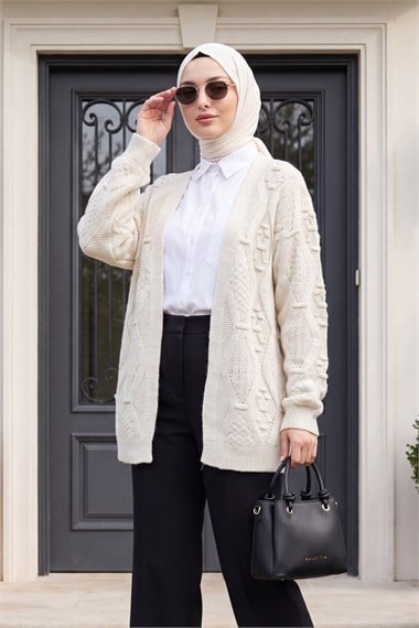Womens Pom-Pom Detail Midi-Length Knit Cardigan - Stone