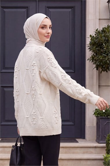Womens Pom-Pom Detail Midi-Length Knit Cardigan - Stone