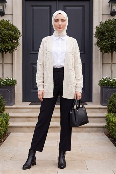 Womens Pom-Pom Detail Midi-Length Knit Cardigan - Stone