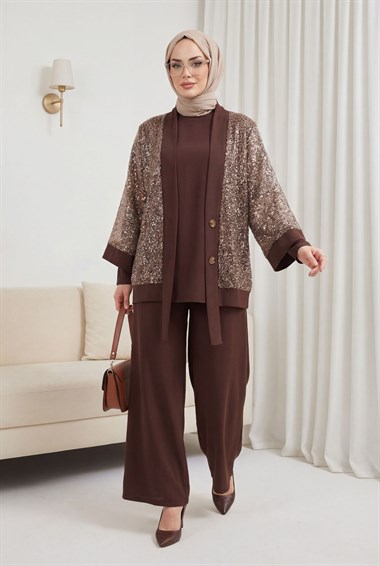 Pul Payet File Hırkalı 3lü Sendy Takım  -Kahve