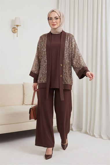 Pul Payet File Hırkalı 3lü Sendy Takım  -Kahve