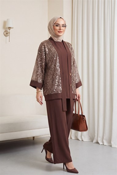 Pul Payet File Hırkalı 3lü Sendy Takım  -Kahve