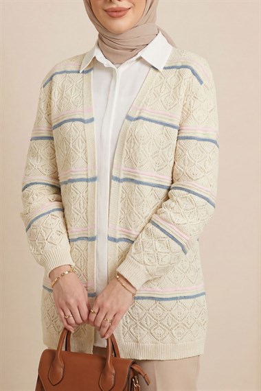 Renkli Çizgili Ajurlu Desenli Triko Hırka -Bej