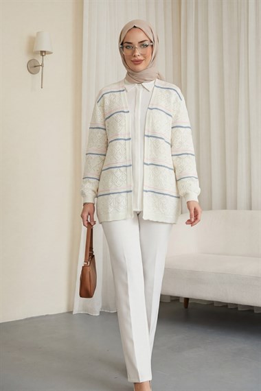 Renkli Çizgili Ajurlu Desenli Triko Hırka -Beyaz