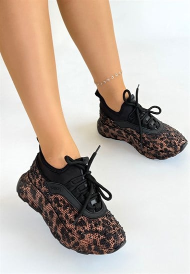 Rimay Leopar Boncuk İşlemeli Spor Ayakkabı -Kahverengi