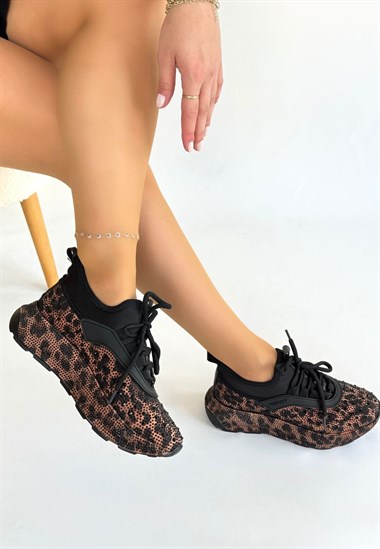 Rimay Leopar Boncuk İşlemeli Spor Ayakkabı -Kahverengi