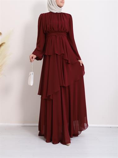 Robadan Büzgülü Eteği Katmanlı Şifon Elbise -Bordo