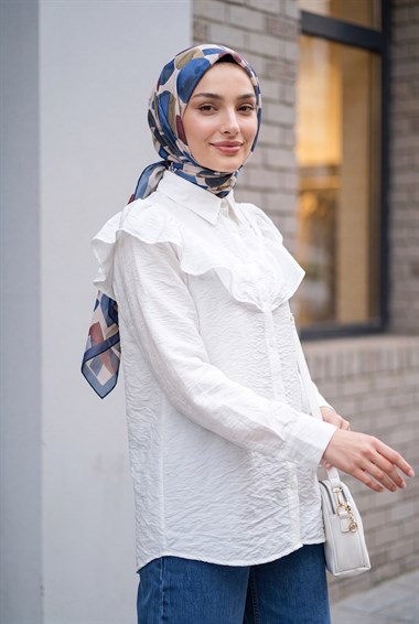 Robadan Fırfırlı Düğmeli Rayon Tunik -Beyaz