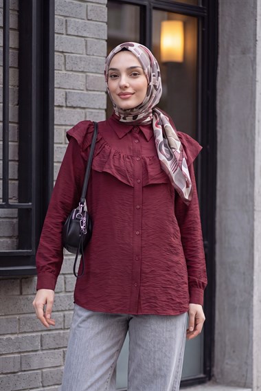 Robadan Fırfırlı Düğmeli Rayon Tunik -Bordo