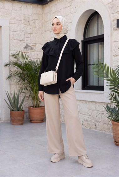 Robadan Fırfırlı Düğmeli Rayon Tunik -Siyah