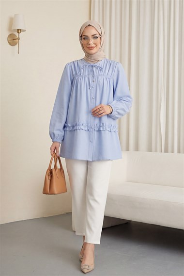 Robadan Lastikli Eteği Fırfırlı Düğmeli Poplin Tunik -Mavi