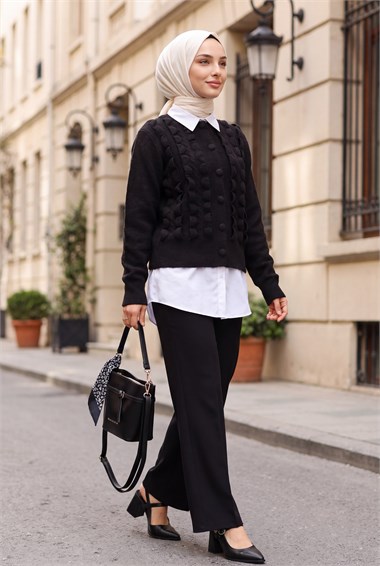 Womens Cable-Knit Braided-Knit Ruffled Button-Front Knit Cardigan - Black