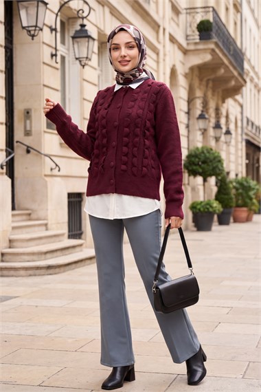 Womens Cable-Knit Braided-Knit Ruffled Button-Front Knit Cardigan - Plum