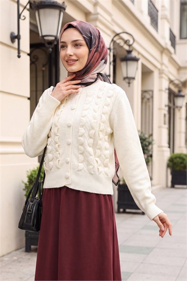 Womens Cable-Knit Braided-Knit Ruffled Button-Front Knit Cardigan - Ecru