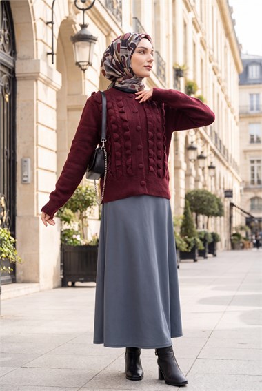 Womens Cable-Knit Braided-Knit Ruffled Button-Front Knit Cardigan - Plum