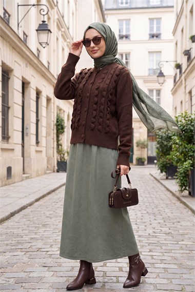 Womens Cable-Knit Braided-Knit Ruffled Button-Front Knit Cardigan - Brown