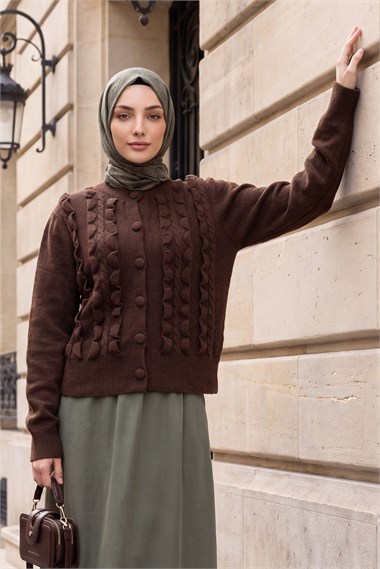 Womens Cable-Knit Braided-Knit Ruffled Button-Front Knit Cardigan - Brown