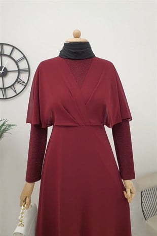 Simli Şifon Uzun Abiye -Bordo