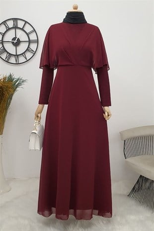 Simli Şifon Uzun Abiye -Bordo