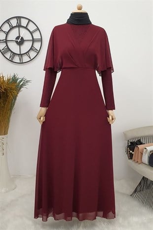 Simli Şifon Uzun Abiye -Bordo
