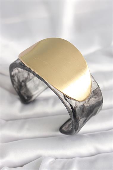 Siyah Mermer Desen Akrilik Plastik Gold Oval Plaka Model Vintage Kadın Bilezik