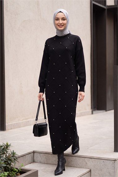 Taş Detaylı Kare Desenli Balon Kol Triko Elbise -Siyah