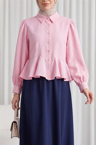 Taşlı Düğmeli Volan Detaylı Modal Gömlek Bluz  -Pembe