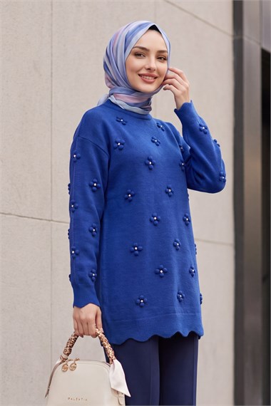 Taşlı Ponpon Detaylı Asimetrik Kesim Triko Tunik -Saks