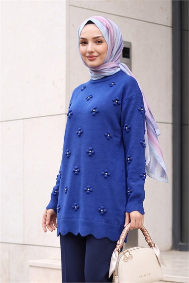 Taşlı Ponpon Detaylı Asimetrik Kesim Triko Tunik -Saks