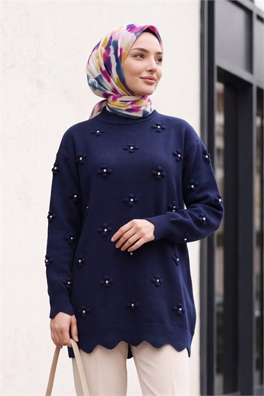 Taşlı Ponpon Detaylı Asimetrik Kesim Triko Tunik -Lacivert