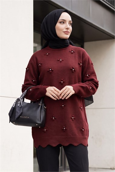 Taşlı Ponpon Detaylı Asimetrik Kesim Triko Tunik -Koyu Bordo