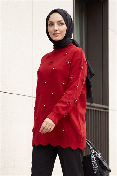 Taşlı Ponpon Detaylı Asimetrik Kesim Triko Tunik -Kırmızı