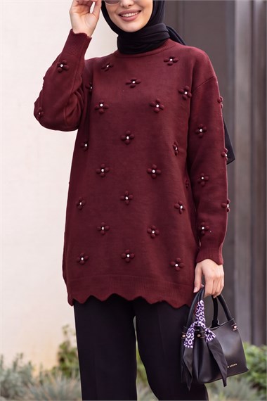 Taşlı Ponpon Detaylı Asimetrik Kesim Triko Tunik -Koyu Bordo