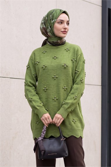Taşlı Ponpon Detaylı Asimetrik Kesim Triko Tunik -Haki